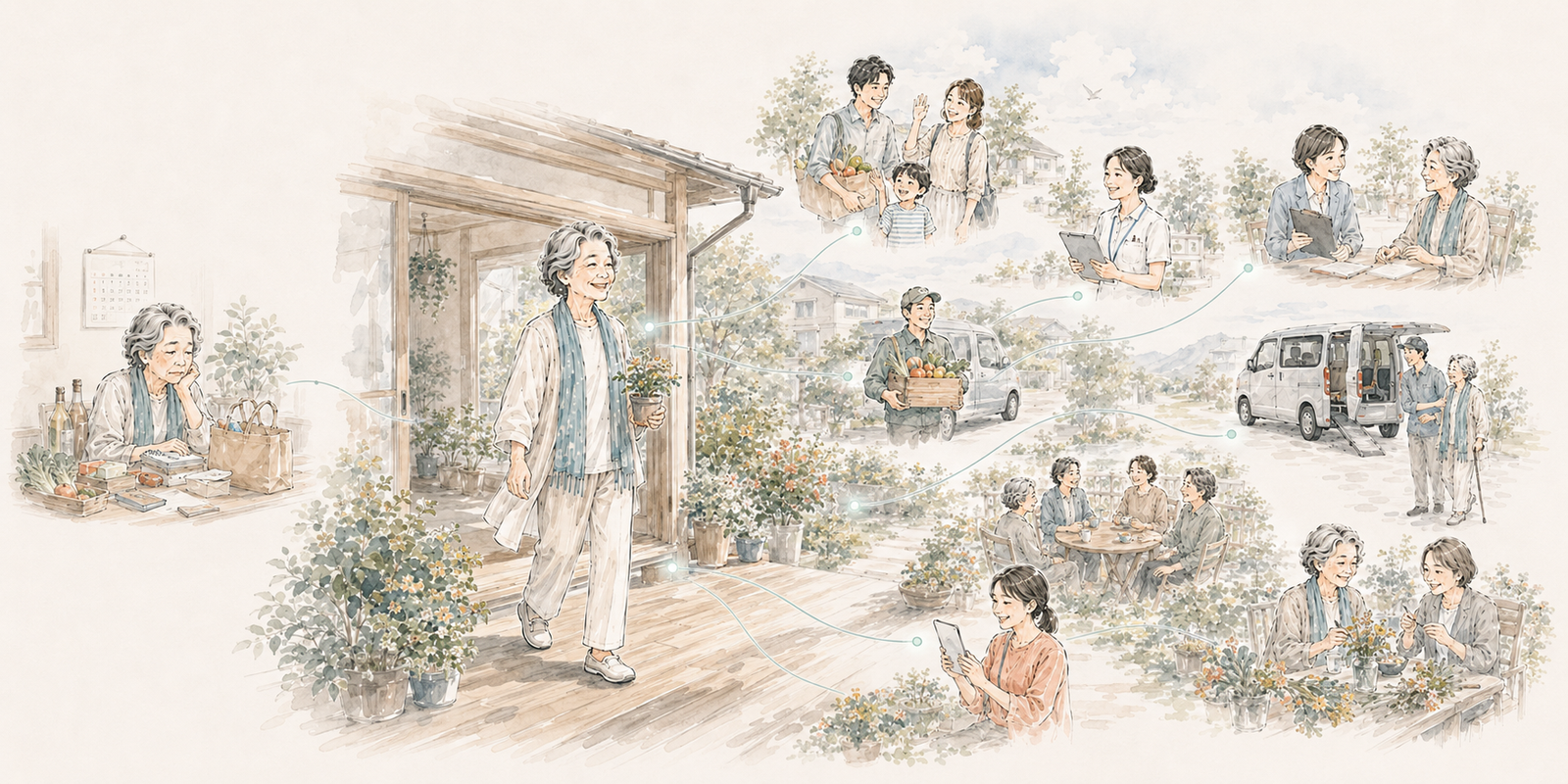 左では高齢の女性が室内で一人うつむいている。中央では同じ女性が鉢植えを手に縁側へ出て微笑み、そこから右へ線がつながって、買い物を届ける家族、訪問する看護師、書類を広げるケアマネジャー、野菜を運ぶ配達員、送迎車の運転手、庭で語らう仲間たちへと広がっていく。